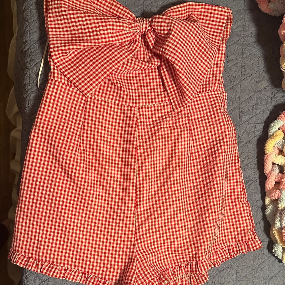 Strapless Red Gingham Bow-Front Romper